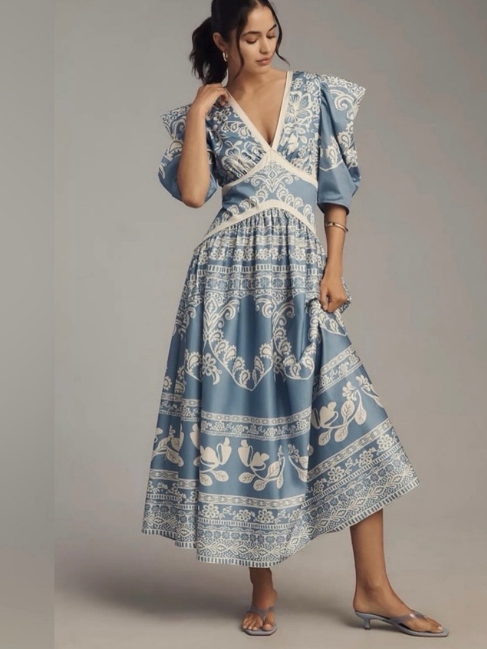 Anthropologie/Farm Rio X  Blue and White V-Neck Printed Midi Dress- New Tags - S